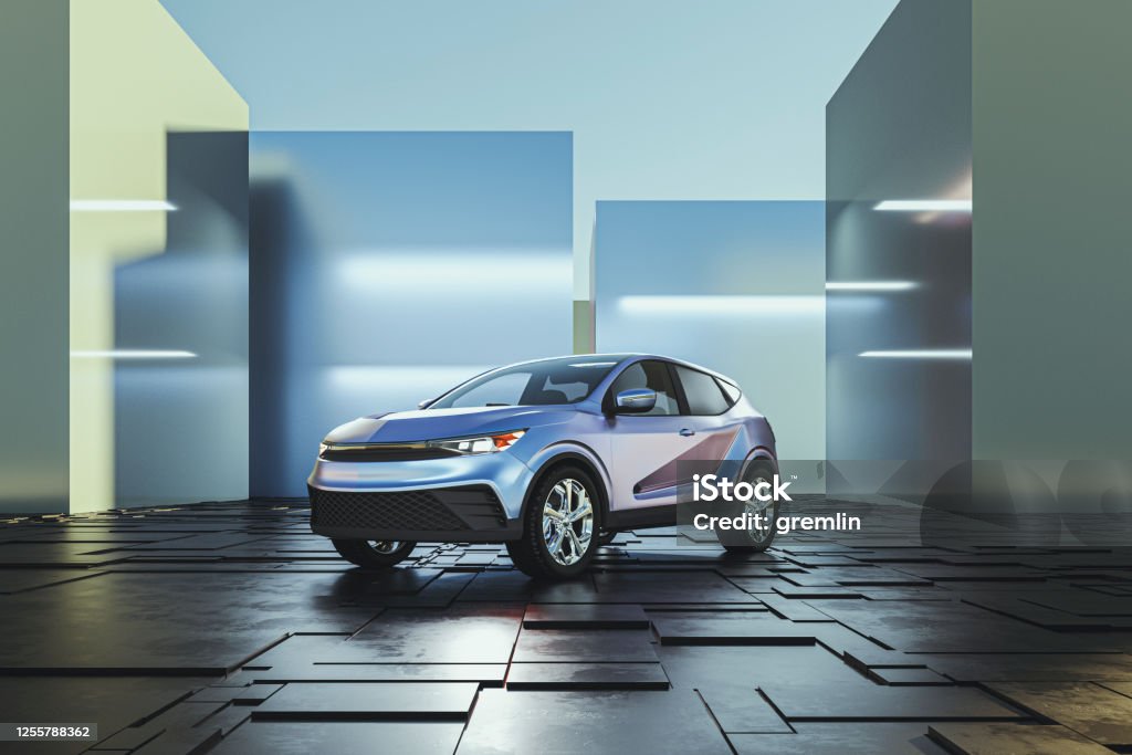 Generic modern car as product shot Generic modern car against concrete wall. This is entirely generic, brandless vehicle modeled without any real references. Entirely 3D generated image. Car Stock Photo