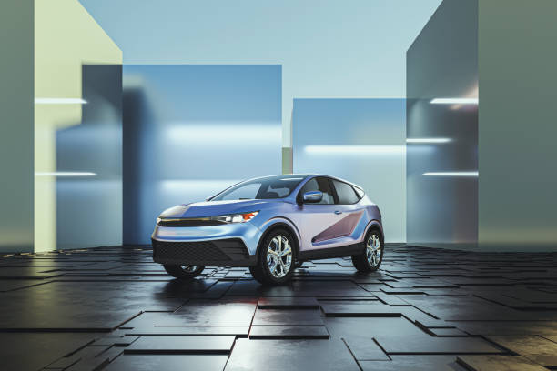 Generic modern car as product shot Generic modern car against concrete wall. This is entirely generic, brandless vehicle modeled without any real references. Entirely 3D generated image. hybrid car photos stock pictures, royalty-free photos & images