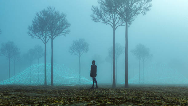 istock Woman lost in the VR forest 1255789060