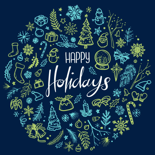 ilustrações de stock, clip art, desenhos animados e ícones de happy holidays christmas illustration - christmas lights wreath christmas blue