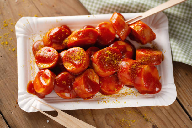 piccante gustoso taglio currywurst con ketchup servito su piatto. primo piano. - currywurst foto e immagini stock