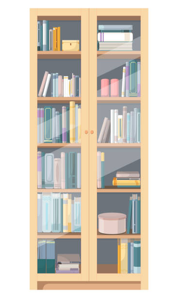 istock Vector illustration of bookshelf isolated on white background. Pastel colors, many different books. 1255790637