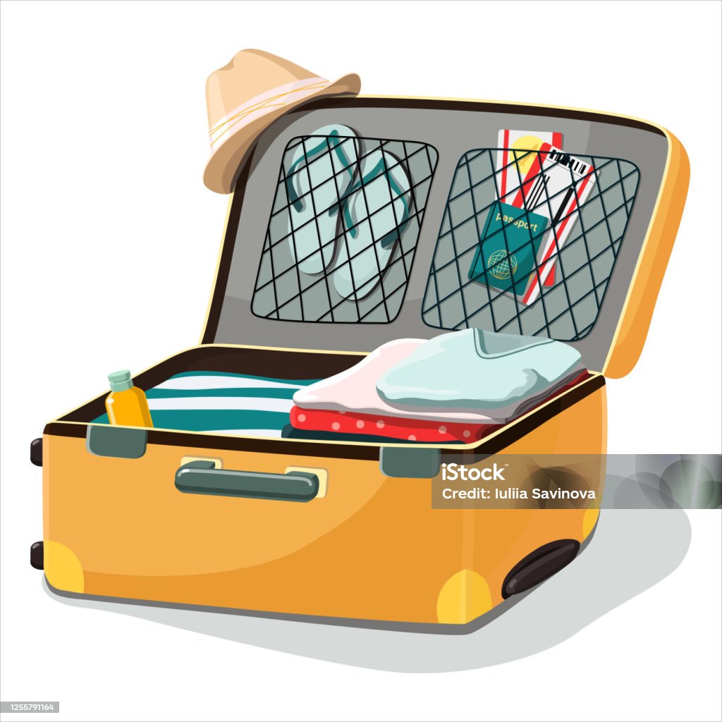 Open Suitcase And Travel Stuff Luggage Bag With Passport Tickets Slippers  Clothes Hat And Sunblock Stock Illustration - Download Image Now - iStock