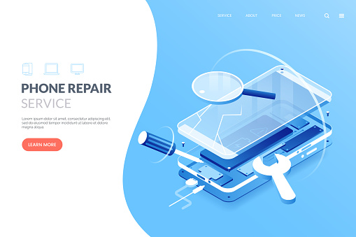 Smartphone repair service vector illustration. Disassembled smartphone in isometric view. Mobile phone repair process. Fix gadgets web banner concept.