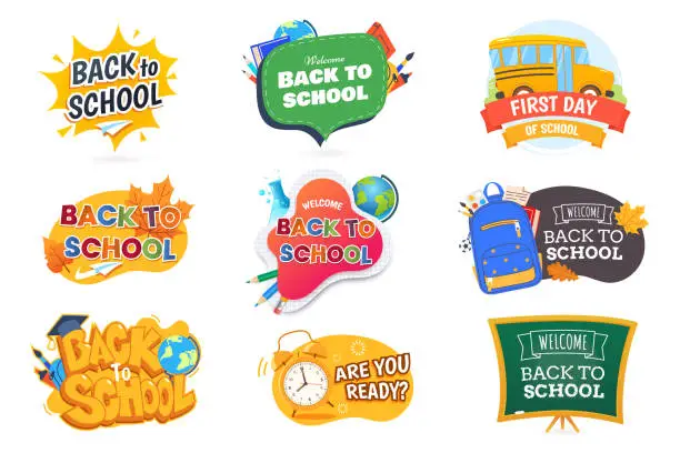 Vector illustration of Back to school badge collection. Beginning the new school year banners set in different styles. Isolated on white. Design element for promotion, marketing. Vector illustration.