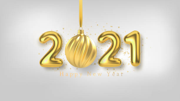 istock Happy New Year background with realistic gold inscription 2021 and Christmas tree toy of gold on a white horizontal background. Vector illustration 1255792943