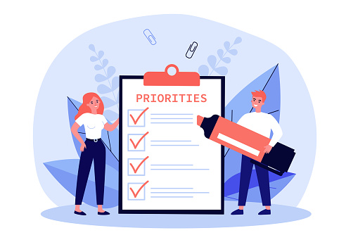 Business people filling out priorities list. Man with felt tip pen drawing check marks in task list, or checklist on notepad, marking checkboxes. Vector illustration for management, planning concept