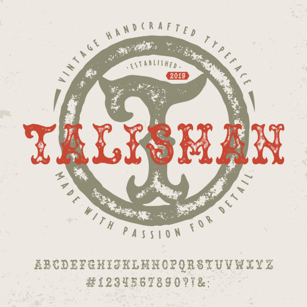 Font Talisman. Hand crafted retro typeface design. Font Talisman. Hand crafted retro typeface design. Handmade lettering. Vintage display alphabet. Vector graphic illustration old badge label logo template. poker card tattoos stock illustrations