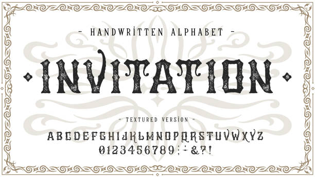 Font Invitation. Craft vintage typeface design Font Invitation. Craft retro vintage typeface design. Graphic display alphabet. Fantasy type letters. Latin characters, numbers. Vector illustration. Old badge, label, logo template. history illustrations stock illustrations