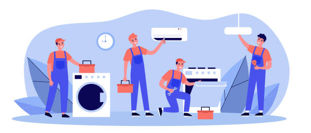 Happy servicemen repairing machines at home Happy servicemen repairing machines at home flat illustration. Electrician, mechanic or repairer at work. Repair and maintenance concept. appliance repair stock illustrations
