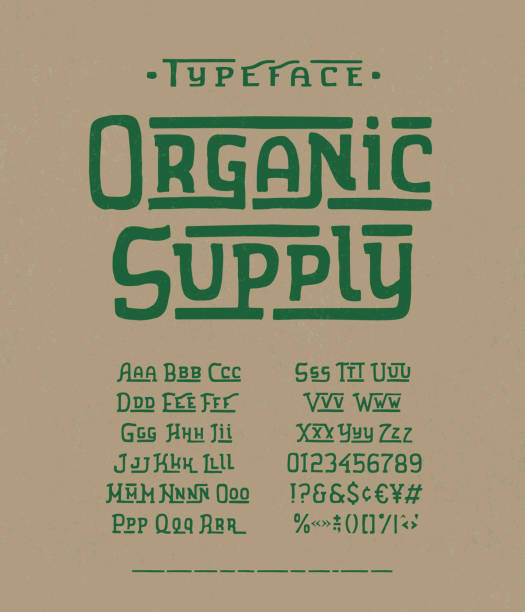 Modern handmade Font Organic Supply Font Organic Supply. Hand crafted typeface design. Handmade alphabet type. Textured background. Doodle vector letters and numbers. Ecology template logo, label, badge. organic food stock illustrations
