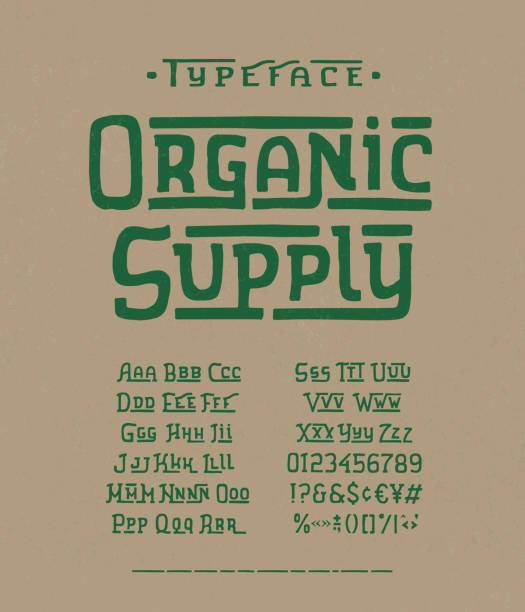 Modern handmade Font Organic Supply Font Organic Supply. Hand crafted typeface design. Handmade alphabet type. Textured background. Doodle vector letters and numbers. Ecology template logo, label, badge. calligraphy alphabet styles drawing stock illustrations