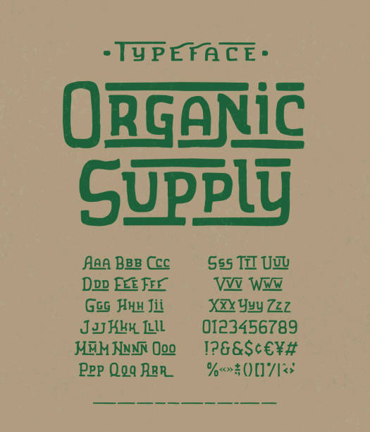 Modern handmade Font Organic Supply Font Organic Supply. Hand crafted typeface design. Handmade alphabet type. Textured background. Doodle vector letters and numbers. Ecology template logo, label, badge. organic logo stock illustrations