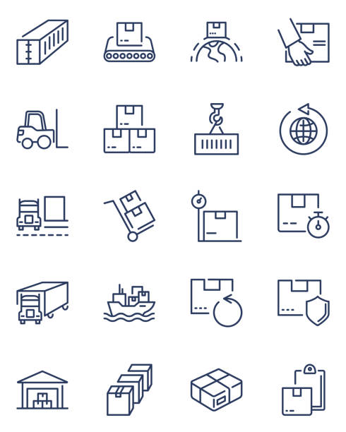 Cargo shipping line icon set Cargo shipping line icon set. Storage in warehouse, boxes on forklift, crane lifting container, transport ship. Thin icon collection for logistics, delivery, freight, export, distribution topics cargo container stock illustrations