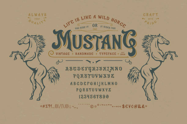 schriftart mustang. vintage-schrift-design - west stock-grafiken, -clipart, -cartoons und -symbole