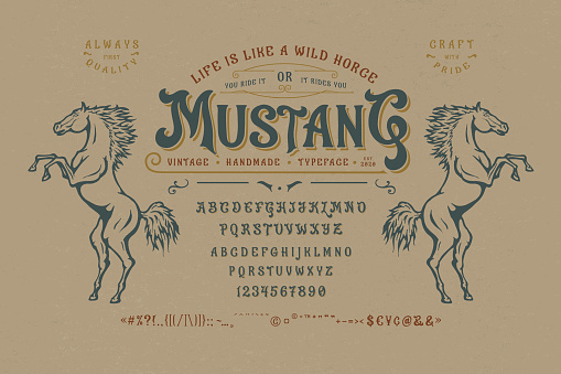 Font Mustang. Craft retro vintage typeface design. Graphic display alphabet. Uppercase and lowercase letters. Latin characters and numbers. Vector illustration. Old badge, label, logo template.