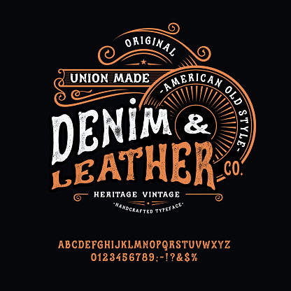 Font Denim and Leather. Craft retro vintage typeface design. Graphic display alphabet. Western type letters. Latin characters, numbers. Vector illustration. Old badge, label, logo template