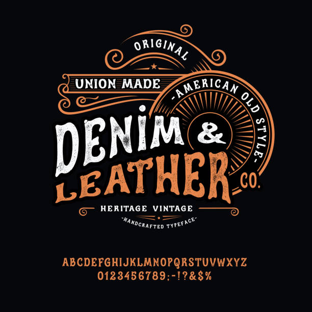 Handmade vintage Font Denim and Leather Font Denim and Leather. Craft retro vintage typeface design. Graphic display alphabet. Western type letters. Latin characters, numbers. Vector illustration. Old badge, label, logo template banner sign illustrations stock illustrations