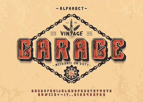 Font Garage. 3d display typeface. Bold modern alphabet. Vector letters and number. Vintage type.