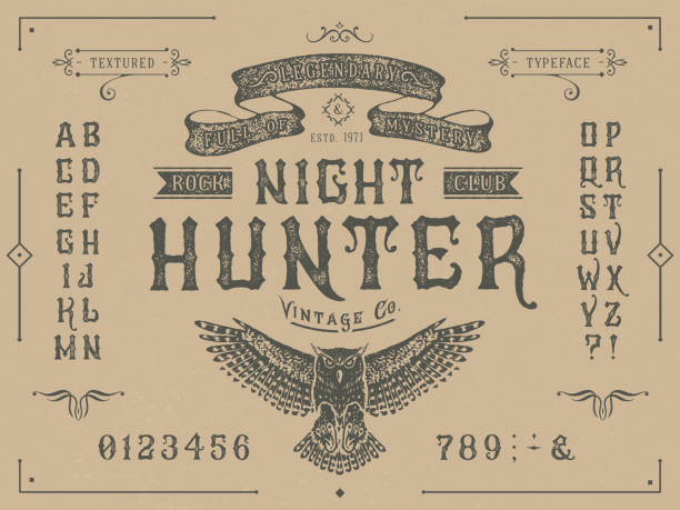 Font Miracle. Craft retro vintage typeface design Font Miracle. Craft retro vintage typeface design. Graphic display alphabet. Fantasy type letters. Latin characters, numbers. Vector illustration. Old badge, label, logo template. animals tattoos stock illustrations