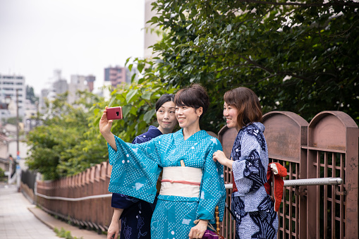 Japanese women in yukata taking selfie picture on slope