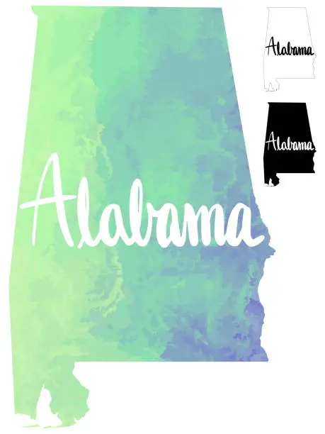 Vector illustration of Alabama, USA Watercolor Textured Color Gradient Vector Map w/ Calligraphy