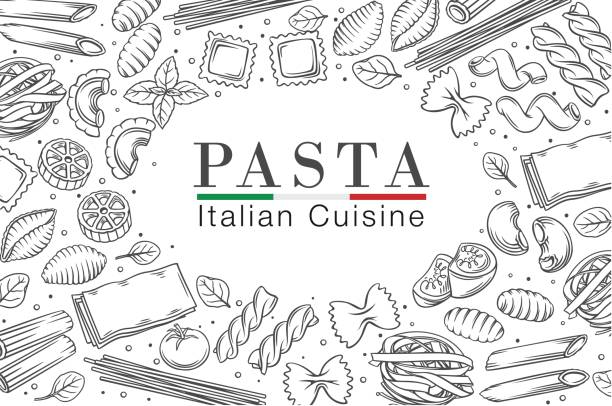 Italian pasta or macaroni frame, outline vector illustration. Italian food poster of ravioli, gnocchi, fettuccine and farfalle. Hand drawn fusilli, rotelle, create and conchiglie.
