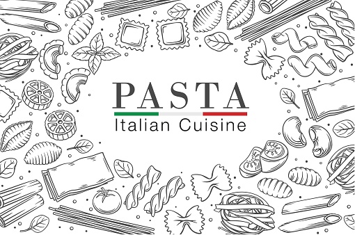 Italian pasta or macaroni frame, outline vector illustration. Italian food poster of ravioli, gnocchi, fettuccine and farfalle. Hand drawn fusilli, rotelle, create and conchiglie.