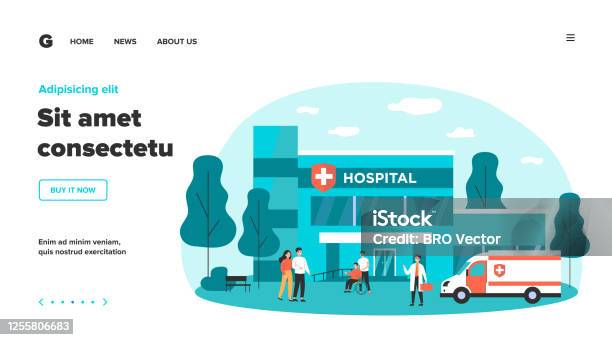 Hospitalized Patients And Doctors Near Hospital Stock Illustration - Download Image Now - Hospital, Building Exterior, Construction Industry