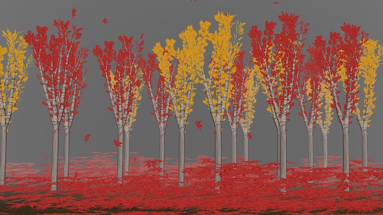 Falling maples and autumnal trees, 3D rendering