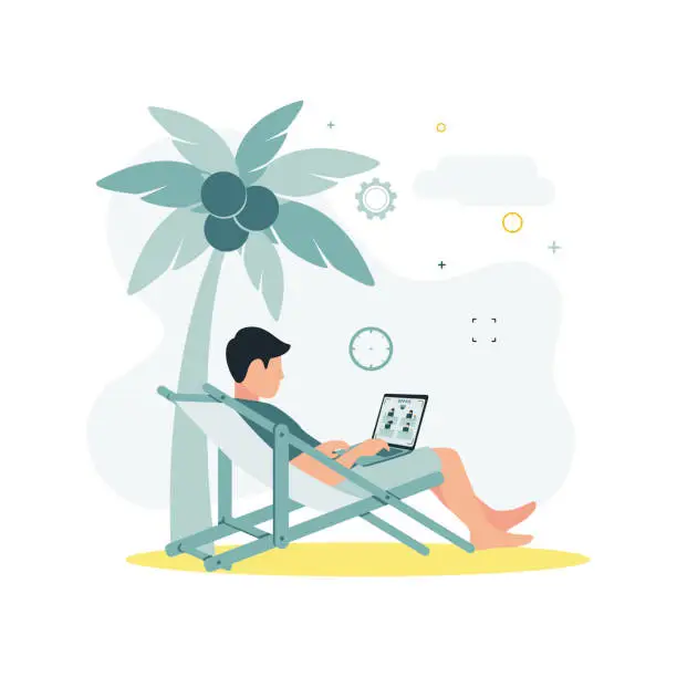 Vector illustration of CCTV. A vector illustration of a man sitting on a deck chair under a palm tree with a coconut on the beach, holding a laptop in his hands