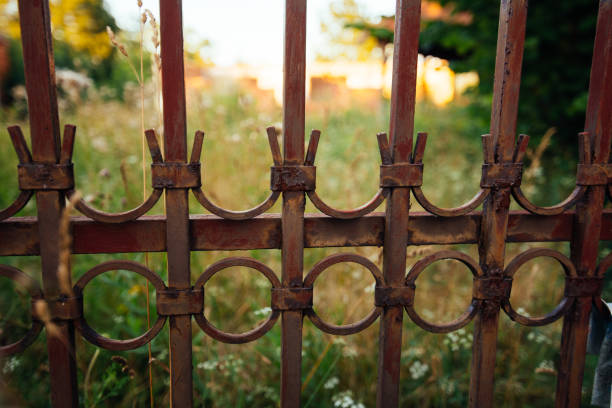 istock Rustic vintage metal fence closeup. 1255815308