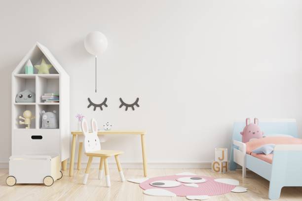 istock Mockup wall in the children's room on wall white colors background. 1255817007