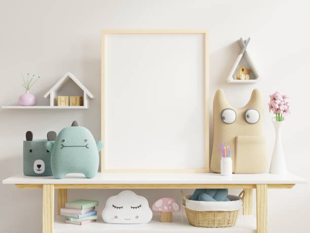 istock Mock up posters in child room interior, posters on empty white wall background. 1255817009