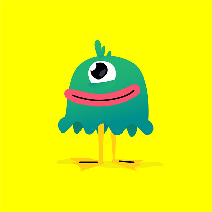 Illustration of a cute, lovely monster character. Vector. Mascot for the company. Abstract creature. Character is isolated on a yellow background. Children's cartoon one-eyed pet or mutant.