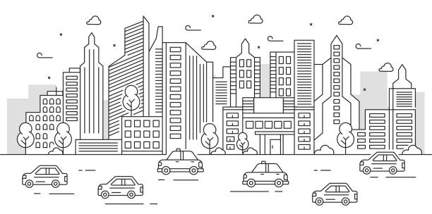 ilustraciones, imágenes clip art, dibujos animados e iconos de stock de ilustración urbana con un gran edificio equipado con coches y árboles. actividades de la ciudad - equipped