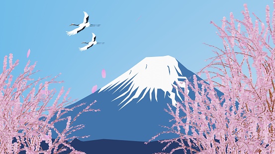 Mount Fuji, cherry blossoms and flying cranes