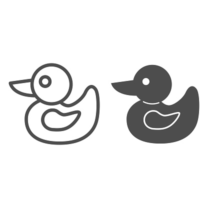 Duck toy line and solid icon, childhood concept, rubber duckling toy sign on white background, bath toy icon in outline style for mobile concept and web design. Vector graphics