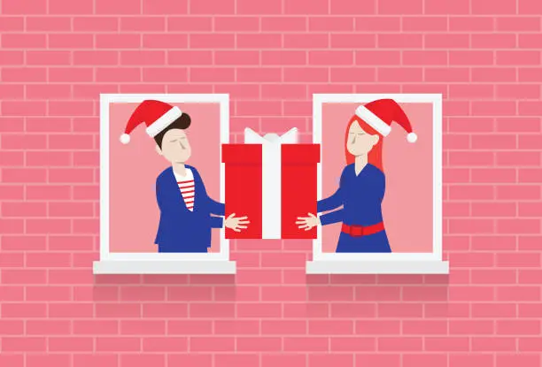 Vector illustration of People give christmas gifts through the window