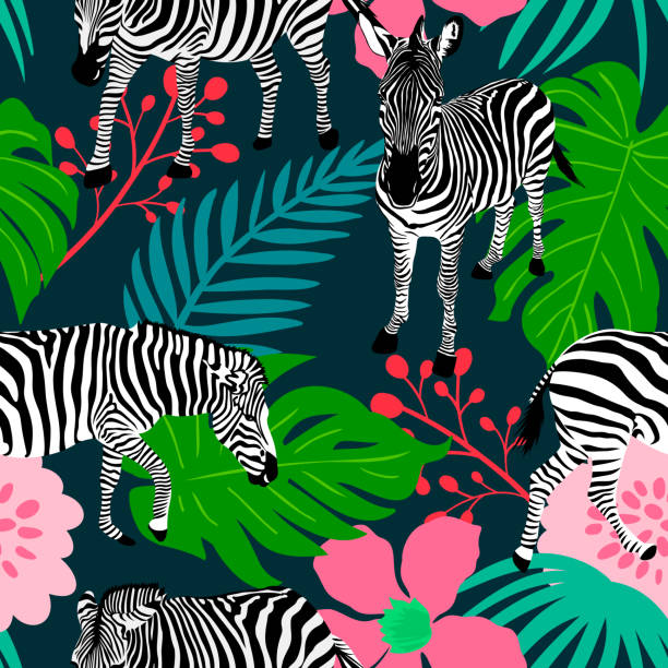 illustrazioni stock, clip art, cartoni animati e icone di tendenza di collage contemporaneo floreale e zebra modello senza soluzione di continuità. - safari animals asia palm tree animals in the wild