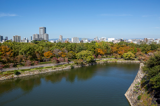 The skyline view on clear autumn day, as seen from Osaka Castle.  Office buildings tower in the background.  The moat surrounds the grounds of the castle.
