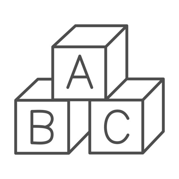 Children cubes thin line icon, education concept, toy cubes with letters sign on white background, alphabet blocks with A,B,C letters icon in outline style for mobile and web. Vector graphics. Children cubes thin line icon, education concept, toy cubes with letters sign on white background, alphabet blocks with A,B,C letters icon in outline style for mobile and web. Vector graphics alphabetical stock illustrations