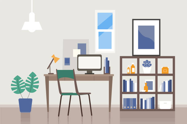 Vector illustration of the study room furniture. Freelance or studying concept. Concept for any telework illustration, free lance workers, workers at home. Vector illustration of the study room furniture. Freelance or studying concept. Concept for any telework illustration, free lance workers, workers at home.Flat design vector illustration of modern interior with desktop. working at home illustrations stock illustrations