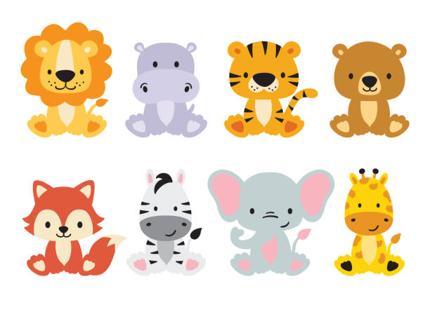 ilustrações de stock, clip art, desenhos animados e ícones de cute wild safari animals vector illustration - fofo descrição física