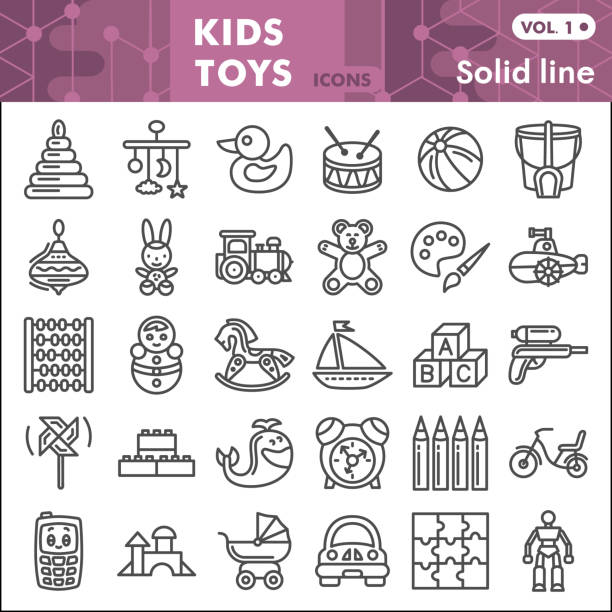 bildbanksillustrationer, clip art samt tecknat material och ikoner med barn leksaker linje ikonuppsättning, barn leksaker symboler samling eller skisser. baby leksak linjär stil skyltar för webb och app. vector grafik isolerad på vit bakgrund. - leksaker