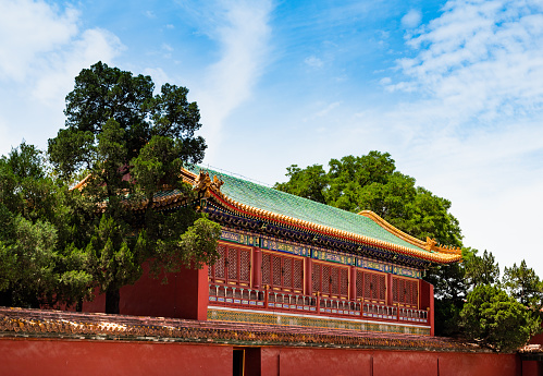 Oriental traditional pavilion building in the shade of the Forbidden City in Beijing, China