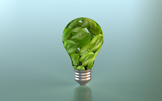 Light bulb made with green leaves.