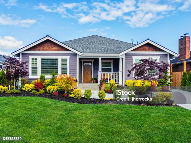 Modern Custom Suburban Home Exterior Stock Photo - Download Image Now - House, Residential Building, Yard - Grounds