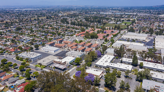 Aerial view of downtown Santa Fe Springs, California.
