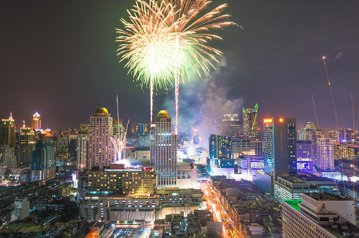 Purple Firework celebrate anniversary happy new year 2024, 4th of july holiday festival. Purple firework in night time celebrate national holiday. Violet firework Countdown to new year 2024 festival